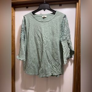 Umgee Medium sage green split ruffled bell sleeve with lace arm detail top